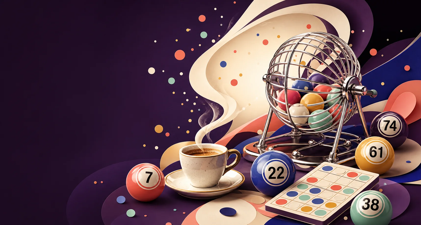 Bingo cage, colourful numbered balls, bingo card and espresso cup in an editorial illustration